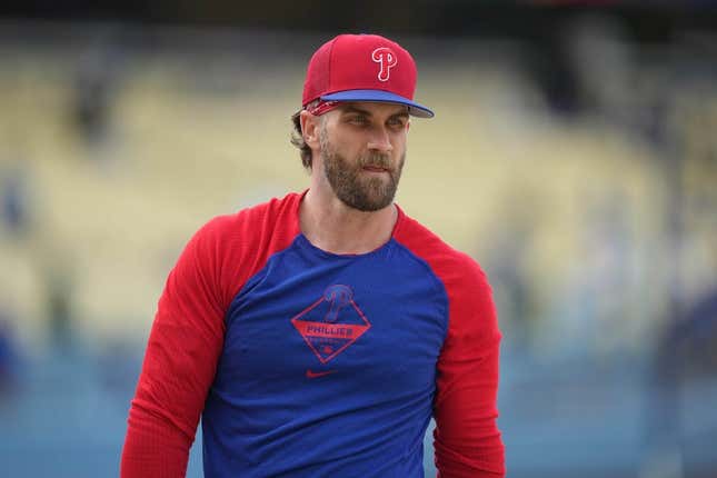 May 1, 2023; Los Angeles, California, USA; Philadelphia Phillies right fielder Bryce Harper before the game against the Los Angeles Dodgers at Dodger Stadium.