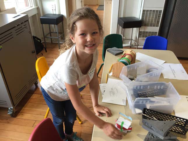 Seven-year-old Leah St. Clair shows off her creation at the Bay Area Discovery Museum’s new early-childhood fab lab.