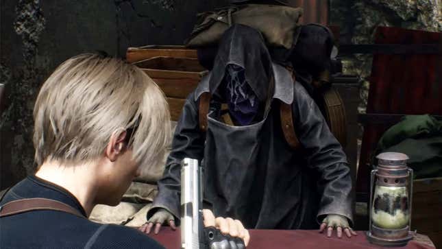 Leon stands in front of the merchant with his gun pointed away.