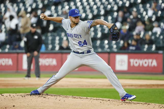 Sep 13, 2023; Chicago, Illinois, USA; Kansas City Royals starting pitcher Steven Cruz (64) delivers a pitch against the Chicago White Sox during the first inning at Guaranteed Rate Field.