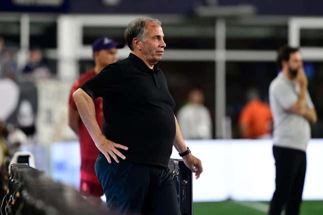 July 26, 2023; Foxborough, MA, USA; New England Revolution head coach Bruce Arena watches the action on the field during the second half against Club Atletico de San Luis at Gillette Stadium.