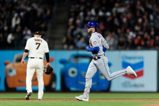 Apr 20, 2023; San Francisco, California, USA;  New York Mets right fielder Jeff McNeil (1) runs the bases after hitting a solo home run against the San Francisco Giants during the sixth inning at Oracle Park.