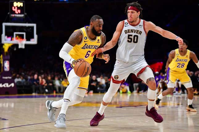 May 22, 2023; Los Angeles, California, USA; Los Angeles Lakers forward LeBron James (6) drives to the basket against Denver Nuggets forward Aaron Gordon (50) during the third quarter in game four of the Western Conference Finals for the 2023 NBA playoffs at Crypto.com Arena.