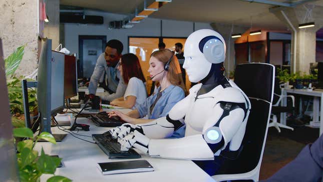 Robot working at computer among people. Maschine typing on keyboard in office. IT team of future. Futuristic worker. Humanoid work at call center. Support job. Selling concept.