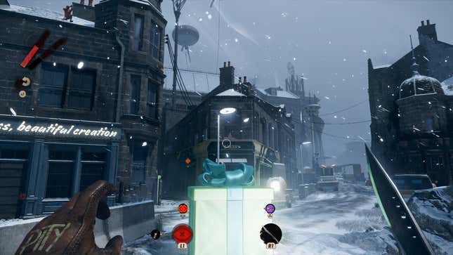A giant present sits in the center of a town square overlooked by an assassin in a bakery.