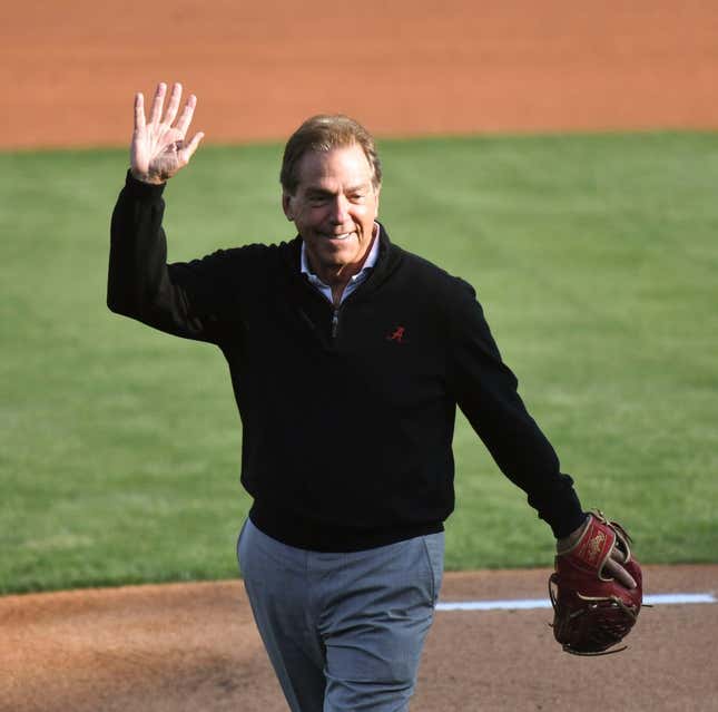 Alabama head football coach Nick Saban waves to the crowd after throwing out the first pitch before the Crimson Tide  s game with Samford at Sewell-Thomas Stadium Tuesday April 25, 2023.

College Baseball Alabama Vs Samford