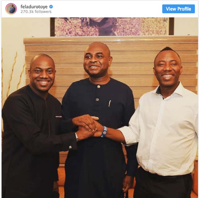 Nigerian presidential candidates: Fela Durotoye, Kingsley Moghalu and Yele Sowore