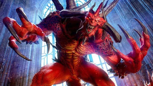 A red demon bares its fangs and claws as it stands blocks the sunlight shining through a tall window. 