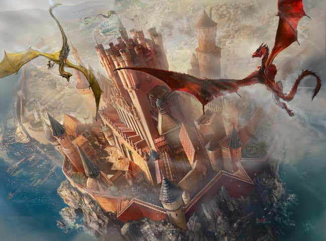 Three dragons circle the city of King's Landing and the towering castle of the Red Keep.