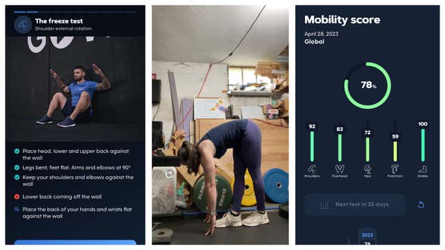 Screenshots: first a demonstration from the app of how to do a test where the person is seated against a wall; then a shot of me trying to touch my toes; then a shot of my mobility score at the end of the test.
