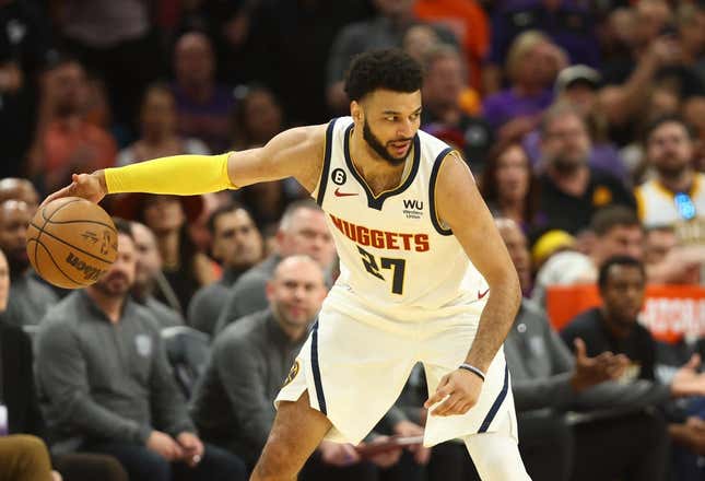 May 7, 2023; Phoenix, Arizona, USA; Denver Nuggets guard Jamal Murray (27) against the Phoenix Suns during game four of the 2023 NBA playoffs at Footprint Center.