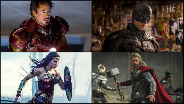Clockwork from top left: Iron Man (Screenshot: Paramount Pictures); The Batman (Photo: Warner Bros.); Thor: The Dark World (Screenshot: Marvel Studios/YouTube); Wonder Woman (Photo: Warner Bros.)