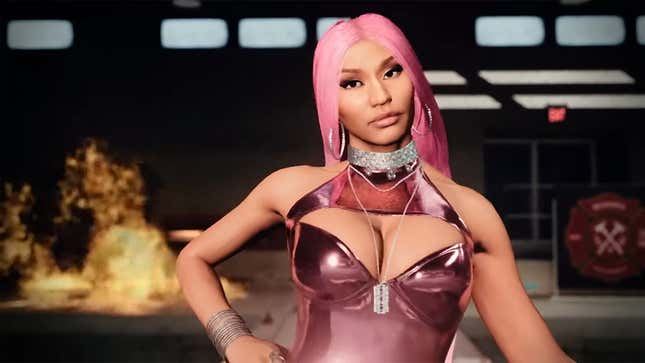 Nicki Minaj in Call of Duty: Warzone. She wears a shimmery pink top with cleavage show and has long pink hair.