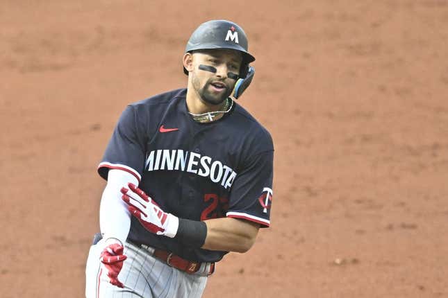 Sep 4, 2023; Cleveland, Ohio, USA; Minnesota Twins third baseman Royce Lewis (23) celebrates his grand slam in the second inning against the Cleveland Guardians at Progressive Field.