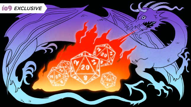 A dragon roasting several polyhedral dice.