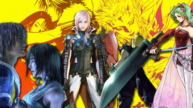 A collage shows popular Final Fantasy characters from throughout the series.