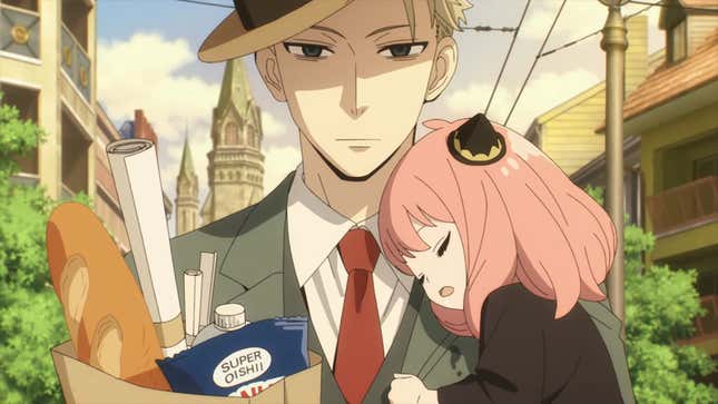 Spy x Family's main character, Twilight, holding groceries and his daughter Anya. 