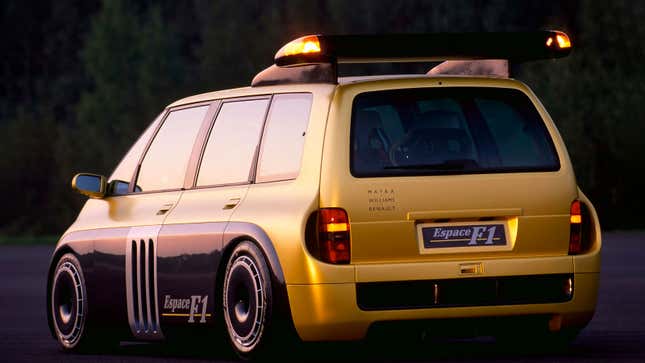A yellow Renault Espace minivan fitted with an F1 engine