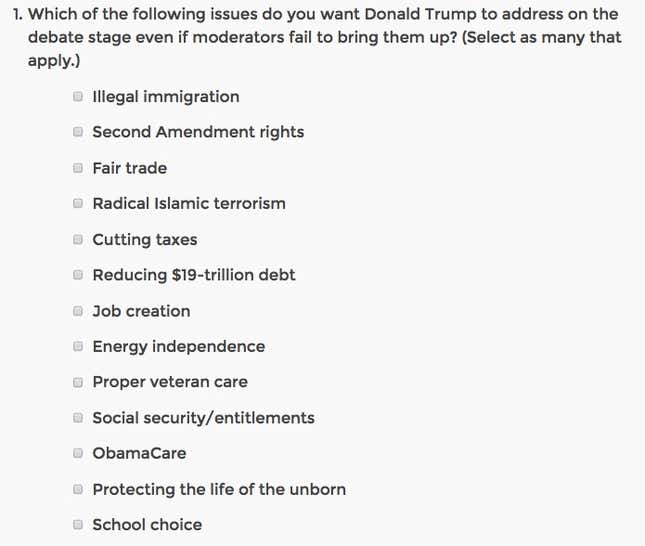 Image for article titled All of the questions on the survey Donald Trump just sent out to crowdsource advice for the second debate