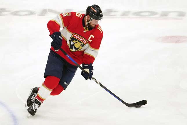 May 22, 2023;  Sunrise, Florida, USA;  Florida Panthers center Aleksander Barkov (16) warms up before Game 3 of the 2023 Stanley Cup Playoff Eastern Conference Finals against the Carolina Hurricanes at FLA Live Arena.