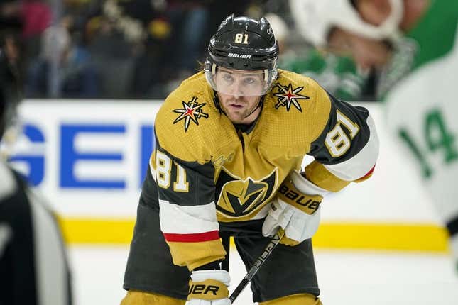 Feb 25, 2023; Las Vegas, Nevada, USA;  Vegas Golden Knights center Jonathan Marchessault (81) during a face-off against the Dallas Stars during the first period at T-Mobile Arena.