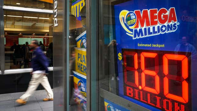 A Mega Millions jackpot sign, which on Jan. 13 was won by a ticket bought in Maine