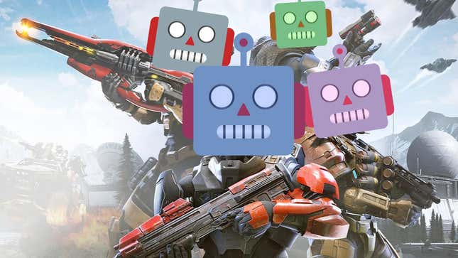 Halo characters from the new game with their faces replaced with robot stickers. 