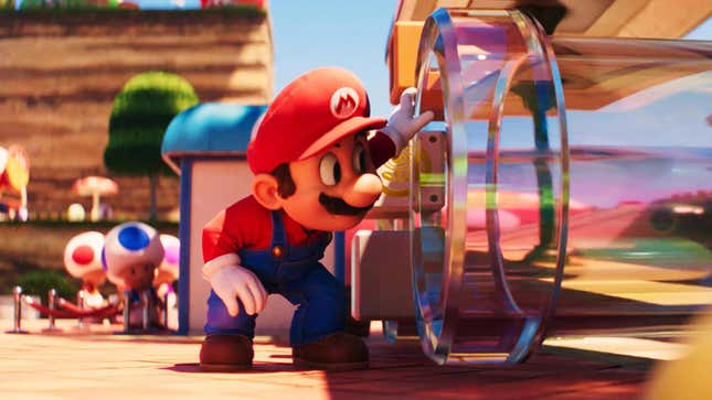 Mario is shown looking into a clear warp pipe.