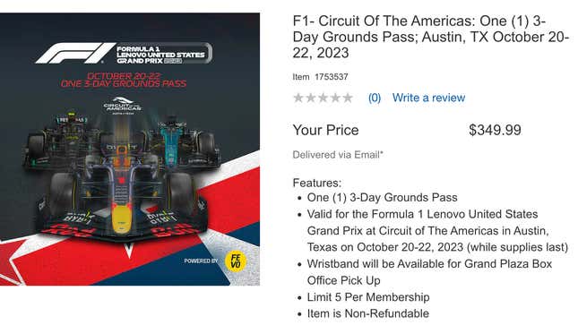 A screenshot of Costco's website on the product page for the three-day grounds pass for the 2023 F1 United States Grand Prix at Circuit of the Americas