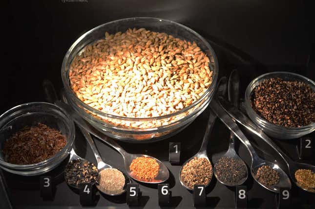 Los ingredientes principales, sin incluir el pescado, en la última comida de Tollund Man (mostrados en sus cantidades relativas: 1) cebada, 2) persicaria pálida, 3) lino, 4) enredadera negra, 5) arena, 6) gold-of-pleasure 7) gallina, 8) espolón de maíz, 9) ortigas de cáñamo y 10) field pansy