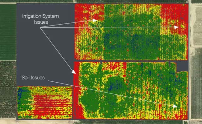 Aerial imaging shows which crops need water or nutrients.