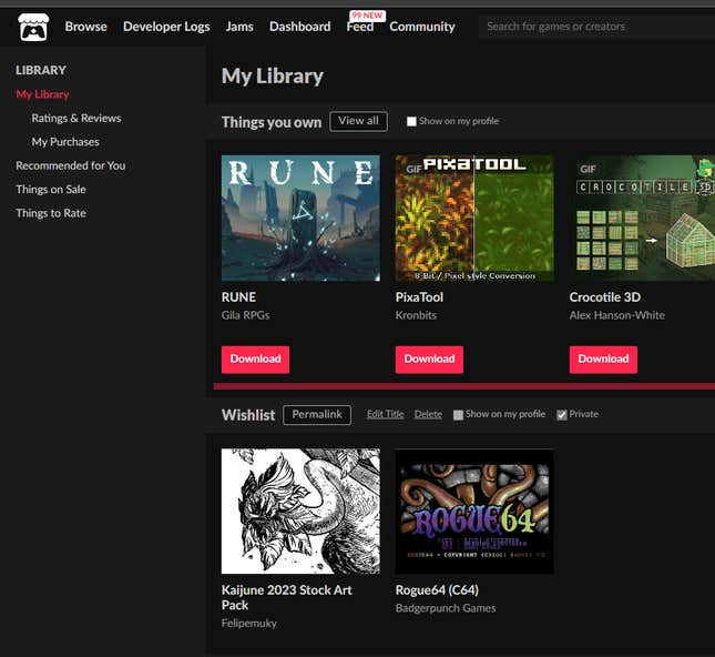 Itch.io’s library menu