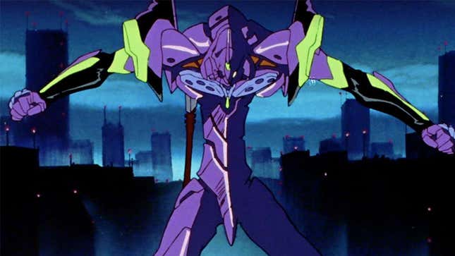 The primary mech of Neon Genesis Evangelion, Eva Unit 01, stands arms open in a combat stance.