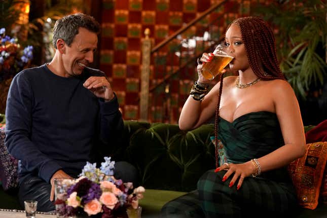 Image for article titled Seth Meyers Reveals Rihanna Out Drank Him During ‘Day Drinking’ Segment