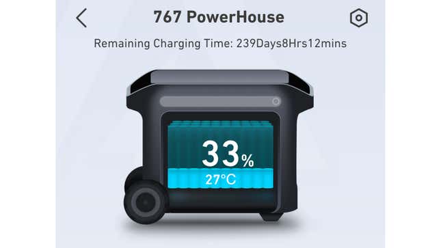 A screenshot of the Anker mobile app showing a weird bug with an incorrect charge capacity and estimated recharging time.