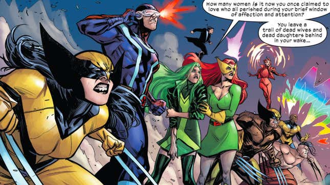 Polaris rightly calling Magneto out in front of the X-Men; the female Wolverine is in the foreground and behind her are Cyclops, Jean Grey, Wolverine, and more.