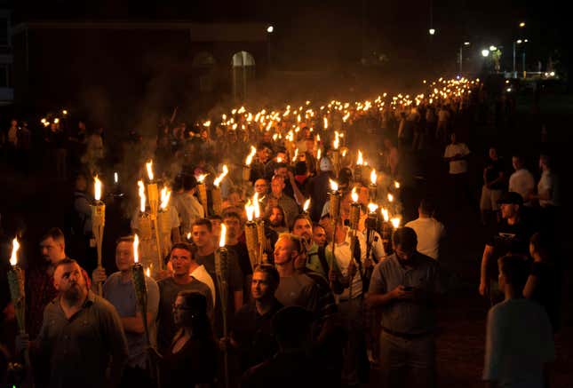 “Unite the Right” protestors on August 11 at the University of Virginia.