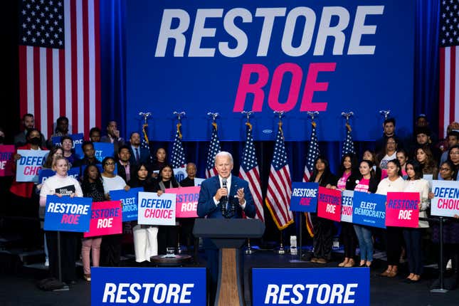 President Joe Biden speaks about the importance of electing Democrats who want to restore Roe v. Wade abortion rights in October 2022.