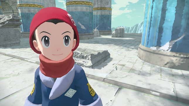 A Pokémon trainer is seen smiling at the sky in an open temple.
