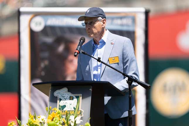 Aug 6, 2023; Oakland, California, USA;  Retired baseball pitcher, manager and coach Tony La Russa speaks to fans during the ceremony of the Oakland Athletics Hall of Fame for the Class of 2023. The ceremony was held before the start of the game between the Oakland Athletics and the San Francisco Giants at Oakland-Alameda County Coliseum.