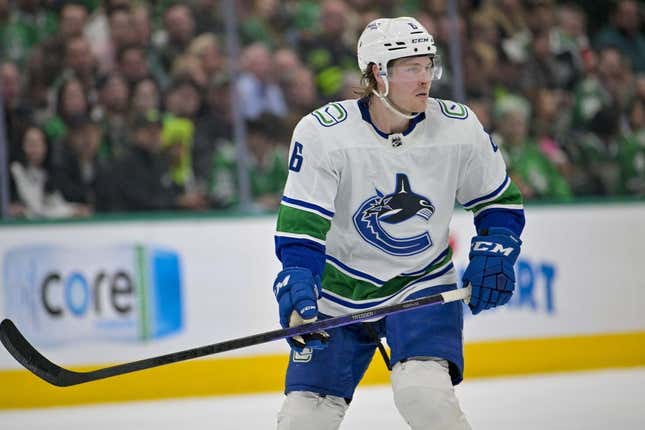 Mar 25, 2023; Dallas, Texas, USA; Vancouver Canucks right wing Brock Boeser (6) skates against the Dallas Stars during the third period at the American Airlines Center.