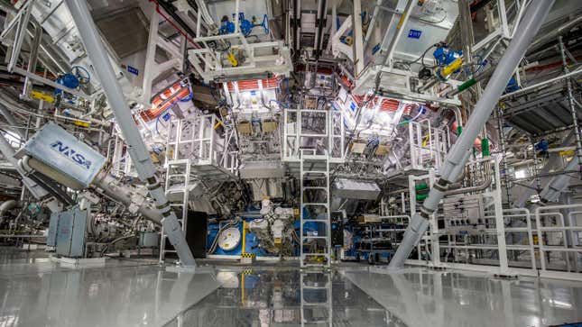The National Ignition Facility’s target chamber, where scientists beam 192 lasers into a fuel pellet the size of a peppercorn.