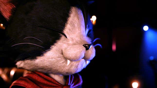 A Final Fantasy VII Rebirth screenshot shows the face of Cait Sith. 