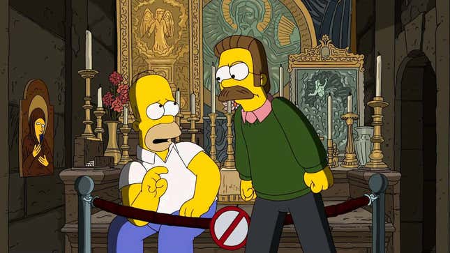 A screenshot from The Simpsons shows Flanders angry at Homer near a religious relic.