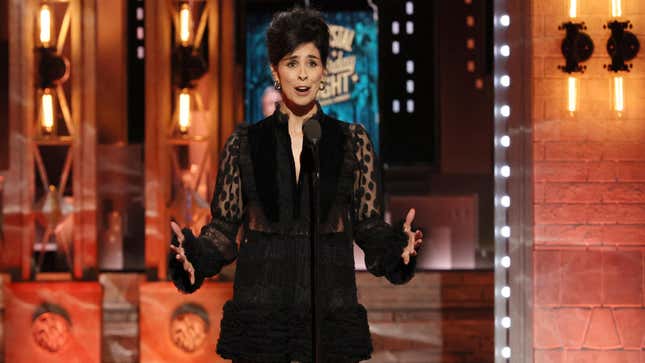The comedian Sarah Silverman speaks on a stage