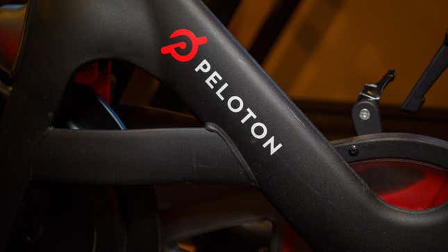 close-up of the Peloton logo on a bike