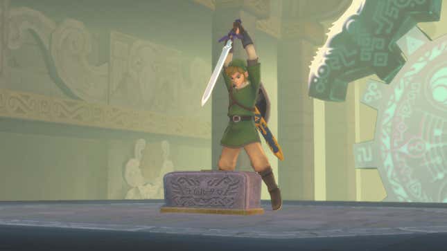 Image of Link raising the Master Sword high above a stone slab