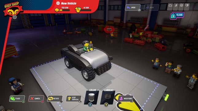 Bir ekran görüntüsü, Lego 2K Drive'da araba yapan bir oyuncuyu gösteriyor.