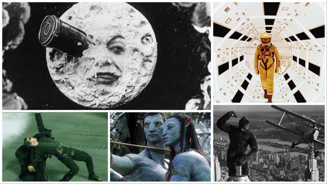 Clockwise from top left: A Trip To The Moon (Flicker Alley), 2001: A Space Odyssey (Warner Bros.), King Kong (Warner Bros.), Avatar (Disney), The Matrix (Warner Bros.)