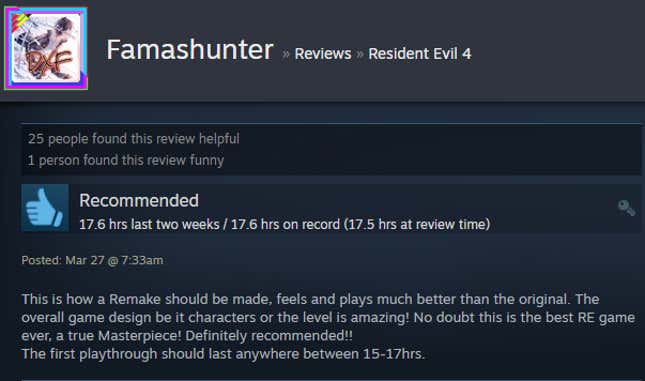 A screenshot of a Steam user text review for the game Resident Evil 4.